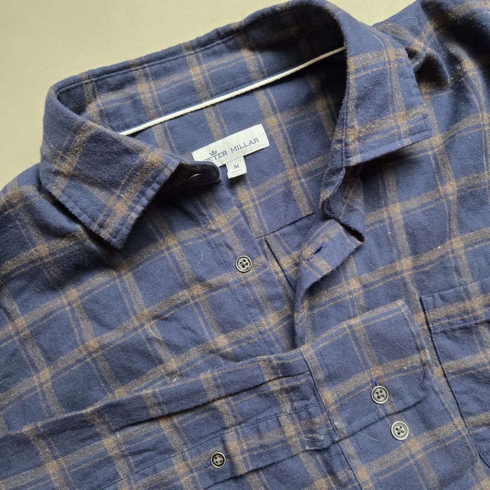 Peter Millar Mens M Long Sleeve Button Up Shirt Blue/Brown Plaid‎ Flannel Pocket